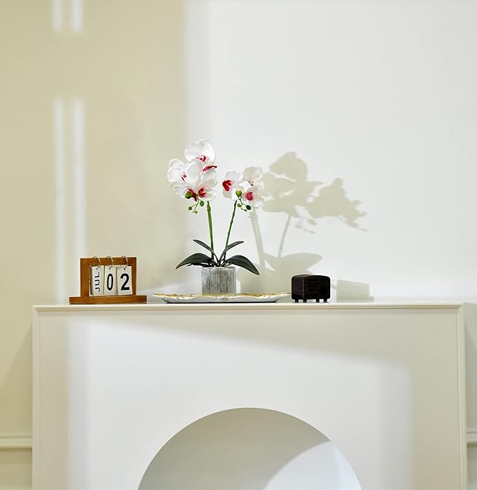 Artificial Potted Orchid Faux Phalaenopsis Silk Flowers Bonsai Realistic Arrangement in Silver Vase for Home Decoration Table Centerpiece, White