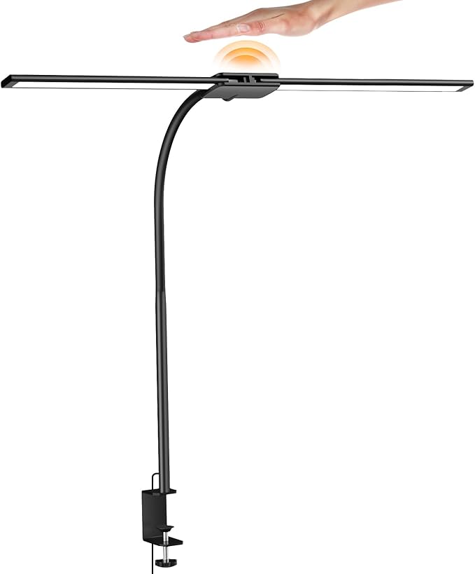 Syrinx LED Desk Lamp for Home Office – Eye-Caring Dual Head Desk Light with Flexible Gooseneck, Clamp, Gesture/Wired Control, 50 Lighting Modes with Memory/Timer for Study, Crafting