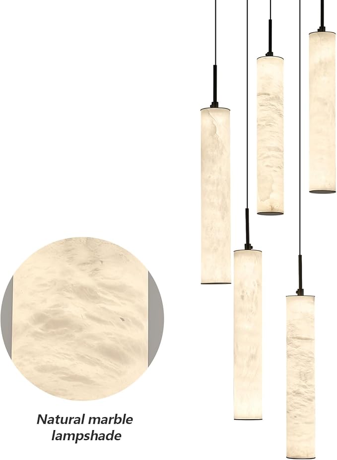LMQNINE Natural Alabaster Pendant Lights for Kitchen Island White Marble Long Tube Chandelier Modern Black Ceiling Light Fixtures for Bedroom Dining Room Table Living Room Hallway(M-5Light)
