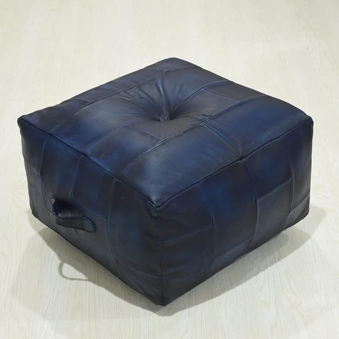 Square Shaped Buffalo Leather Handmade Eco-Friendly Vintage Blue Pouf-Square Pouf, 21"x21"x12", Geometric Pouf, Buffalo Leather Pouf, Recycled Foam with Fibre Fill Stuffed Pouf, Seating Pouf PF25