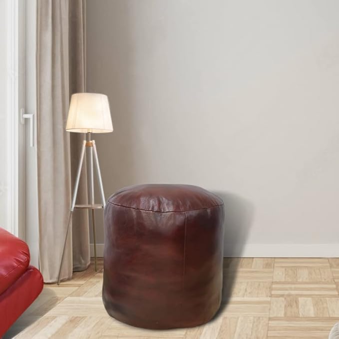 Round Shaped Goat Leather Handmade Eco-Friendly Cherry Pouf - 16" x 16" x 16", Plain Solid, Recycled Foam With Fibre Fill Stuffed, Seating PF12
