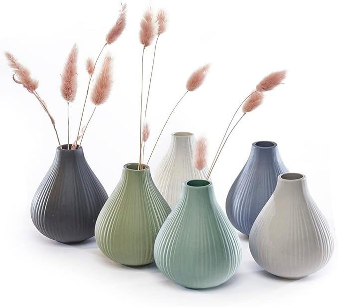 Chive ‘Frost’ Ceramic Flower Vase — Set of 6 Beautiful Small Bud Vases for Flowers & House Plants — Perfect Shelf Centerpieces and Living Room Decor — Assorted Colors