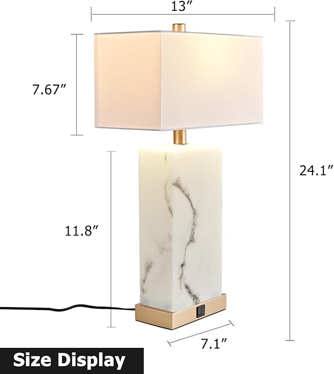 24" White Table Lamp Set of 2 Touch Control, Lamps for Living Room with USB, 3-Way Dimmable Bedside Nightstand Lamps, Gold Lamp Set for Bedroom, Marble Base Side Lamp for End Tables, Bulbs Included