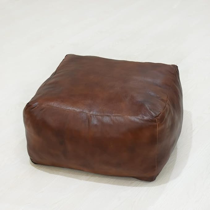 Square Shaped Goat Leather Handmade Eco-Friendly Brown Pouf - 21" x 21" x 12", Plain Solid, Recycled Foam with Fibre Fill Stuffed, Seating Pouf PF12