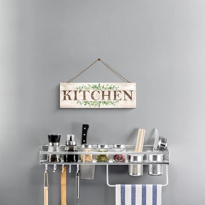 Kitchen Sign Wall Decor, Kitchen Wall Art with Plant Print, Rustic Farmhouse Wall Hanging Plaque Home Kitchen Decorative Kitchen, 4.7 x 13.7 inches