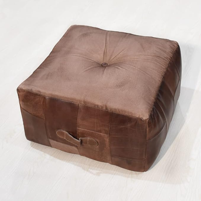 Square Shaped Buffalo Leather Handmade Eco-Friendly Brown Pouf - Square Pouf, 21"x21"x12", Plain Solid Pouf, Buffalo Leather Pouf, Recycled foam with fibre Filled Stuffed Pouf, Seating Pouf PF25