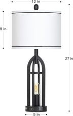 27" Tall Vintage Table Lamp with USB C+A & Outlet,Black Industrial End Table Lamp for Living Room,Farmhouse Rustic Bedside Lamps with Night Light for Bedroom Nightstand,Black（2 LED Bulbs Included）