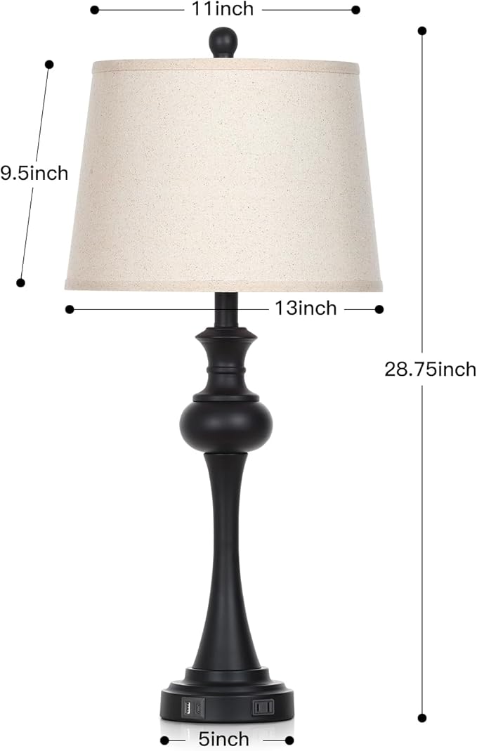 28.75" Black Modern Table Lamps for Living Room, Bedside Lamp with USB A+C Ports & AC Outlets, 3 Way Dimmable Touch Lamps for Living Room,Nightstand Lamp LED Bulb Included (1Pack