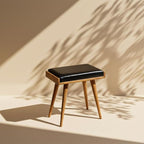 Walnut Ottoman Stool for Living Room | Upholstered in Faux Black Leather Fabric | Versatile as a Piano Bench | Ideal Bedroom Bench | Functional Footstool Bench