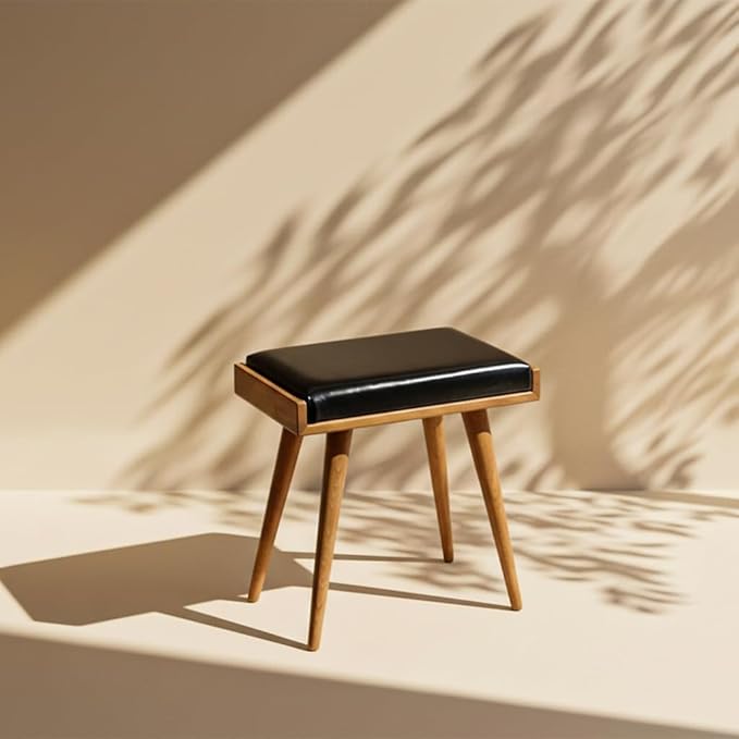 Walnut Ottoman Stool for Living Room | Upholstered in Faux Black Leather Fabric | Versatile as a Piano Bench | Ideal Bedroom Bench | Functional Footstool Bench