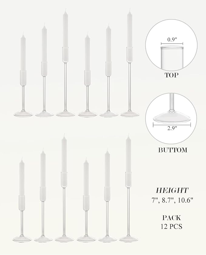 Candle Holder, Glass Taper Candle Tall Candlestick Holder, 3 Different Heights, for Table Centerpiece, Wedding, Party, Clear, 12pcs