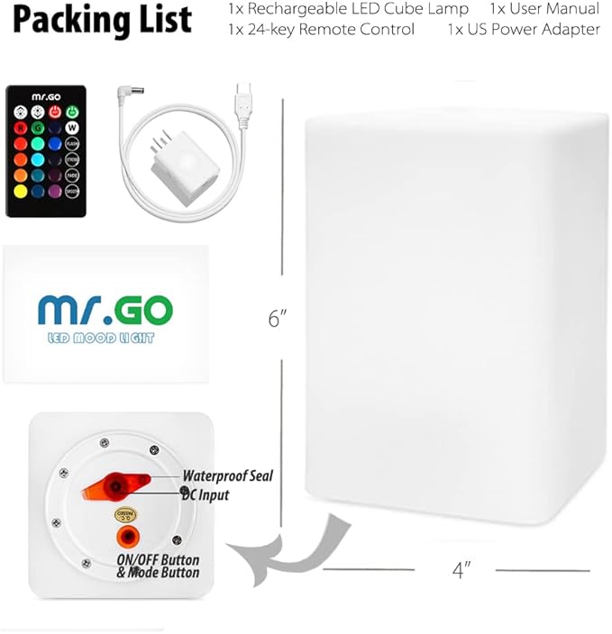 Mr.Go 6-inch Dimmable LED Night Light Mood Lamp for Kids and Adults - 16 RGB Colors - 8 Level Dimming - 4 Lighting Effects - Rechargeable - Remote Control - Decorative - Fun and Safe - White Cube
