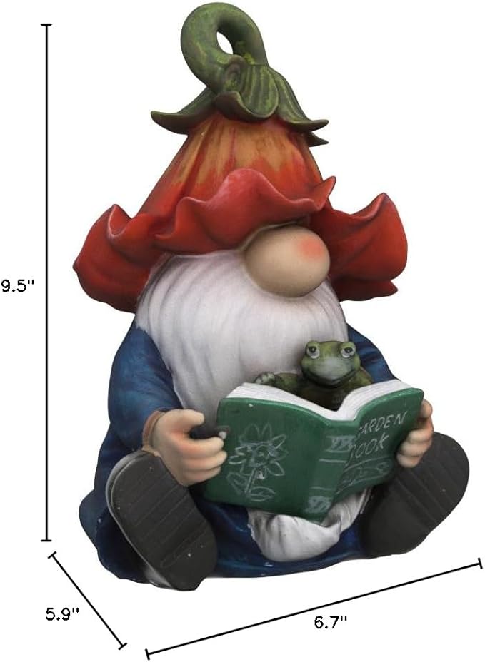 Garden Gnome Statue-Resin Gnome Figurine Hugging Turtle Reading Book with Solar LED Lights，Outdoor Summer Decorations for Patio Yard Lawn Porch,Garden Ornament Gift