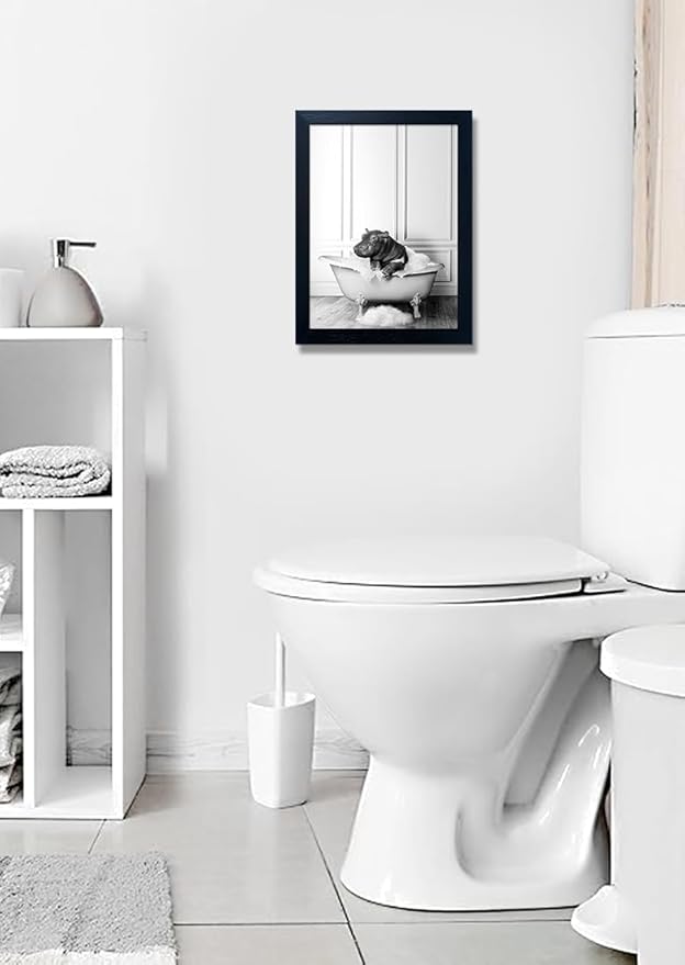 Black and White Bathroom Wall Decor Funny Hippo in Bathtub Wall Art Framed Humor Bathroom Signs Cute Animal Cnvas Print Artwork
