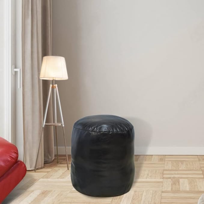 Round Shaped Goat Leather Handmade Eco-Friendly Chocolate Brown Pouf - Round Pouf, 16"x16"x16", Plain Solid Pouf, Goat Leather Pouf, Recycled Foam with Fibre Fill Stuffed Pouf, Seating Pouf PF12