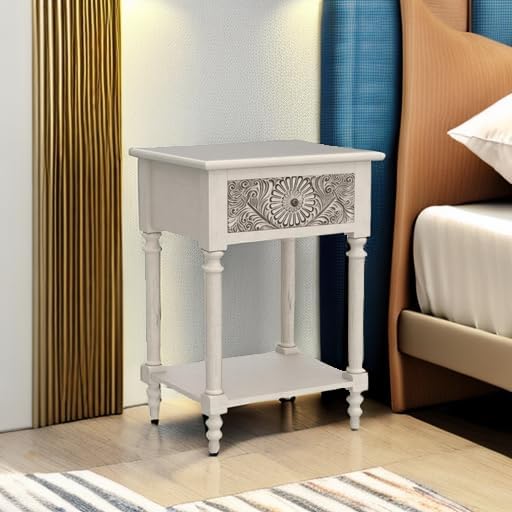 HOMPUS End Table Set of 2 with Drawer and Shelf, Vintage Nightstand Set 2 w Pattern Drawer, White Bedside Table, Accent Nightstand Organizer for Living Room, Bedroom, Easy to Assemble, Distress White