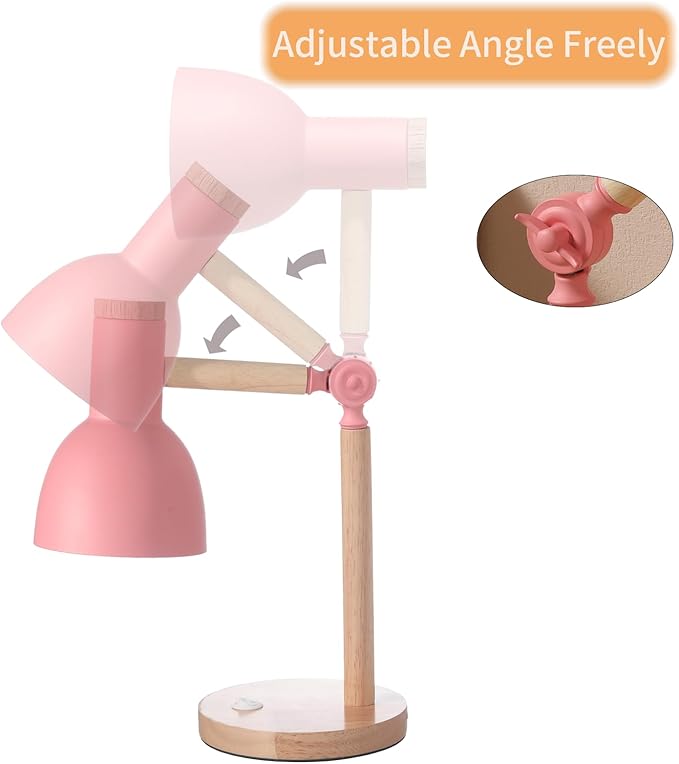 Table Lamp,Wooden Adjustable Tri-Color Desk & Bedside Lamp for Office, Living Room, Bedroom & Kids Room (Pink)