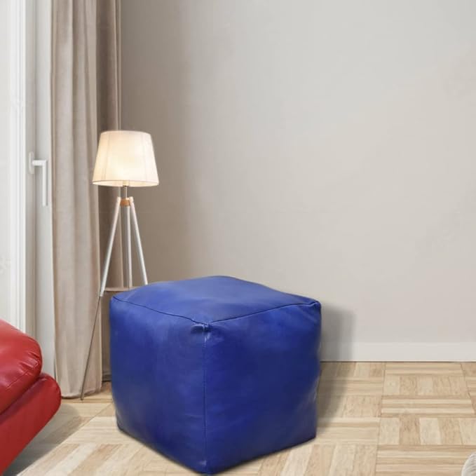 Square Shaped Goat Leather Handmade Eco-Friendly Blue Pouf - 16" x 16" x 16", Plain Solid, Recycled Foam With Fibre Fill Stuffed, Seating PF12