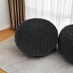 REDEARTH Round Pouf Foot Stool Ottoman - Hand Knitted Bean Bag - Cord Boho Pouffe - Cable Poof Footrest for Living Room - Nursery - Bedroom - Patio - 100% Cotton - Home Decor (19.5"x19.5"x14") - Black