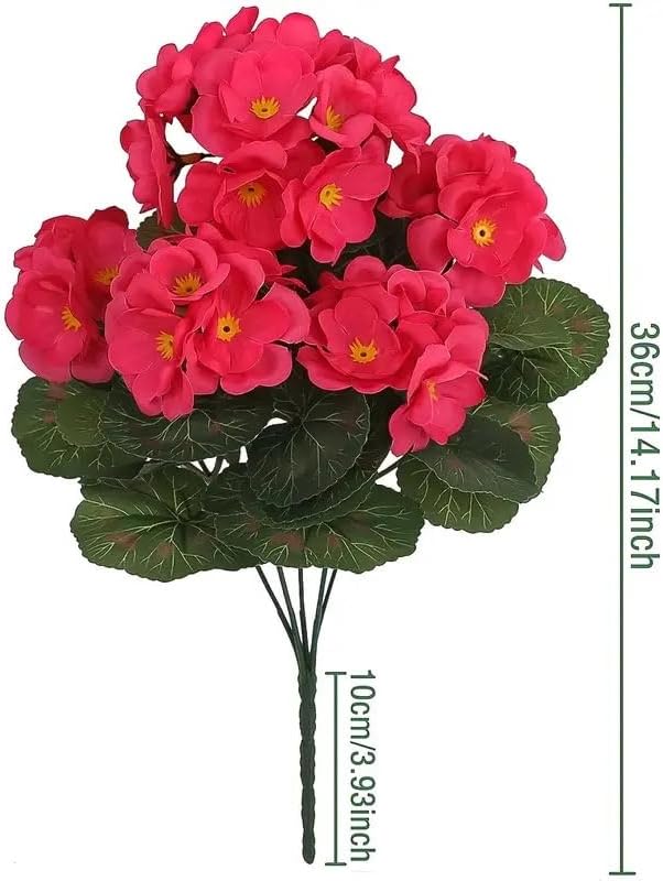 Artificial 5-Bud Red Geranium Flowers, Faux Flowers for Patio or Balcony, UV Resistant Artificial Flowers for Outdoors, Wedding Decor, Fake Plants for Garden or Home Decoration