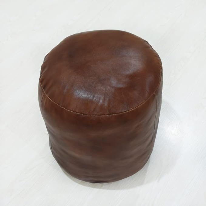 Round Shaped Goat Leather Handmade Eco-Friendly Brown Pouf - 16"x16"x16", Plain Solid, Recycled Foam With Fibre Fill Stuffed, Leather Seating PF12