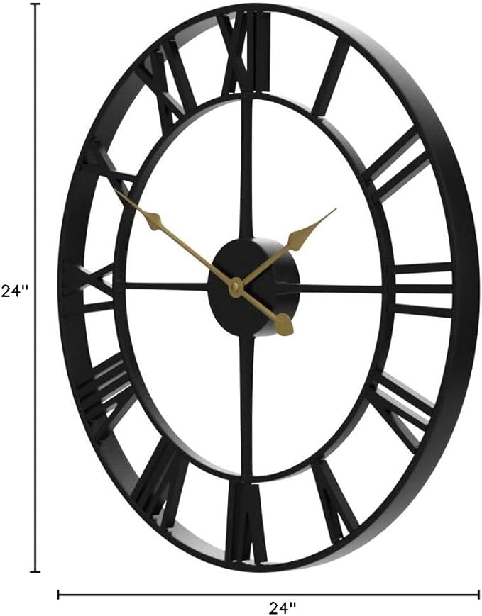 LEIKE Large Wall Clock, 24" Completely Silent, Non Ticking, Battery-Operated,Rustic Round Modern Metal Wall Clock Decor for Living Room, Bedroom and Kitchen, (60cm, Black-Roman Number)
