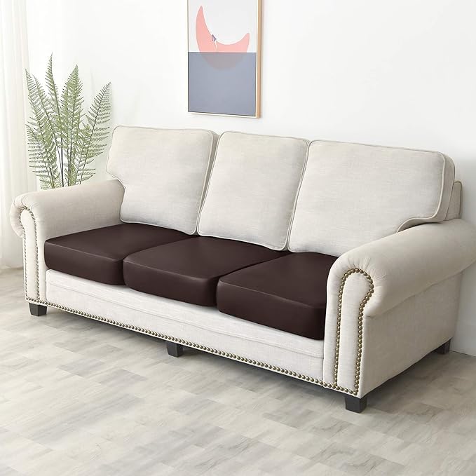 Yates Home PU Leather Couch Sofa Cushion Slipcover Water-Proof Elastic Chair Seat Covers Loveseat Slip Cover for Settee Seater Replacement in Living Room（3 Piece Large Sofa Cushion Covers, Chocolate