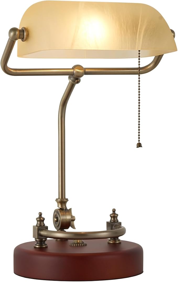 Bankers Lamp, Traditional White Desk Lamp with Solid Birch Wood Base, White Glass Antique Library Lamp with Pull Chain Switch, Plug in Vintage Bankers Desk Lamp for Office, Study Room 【E26 Socket】