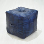 Square Shaped Buffalo Leather Handmade Eco-Friendly Vintage Blue Pouf-Square Pouf, 18"x18"x18", Geometric Pouf, Buffalo Leather Pouf, Recycled Foam with Fibre Fill Stuffed Pouf, Leather Pouf PF25