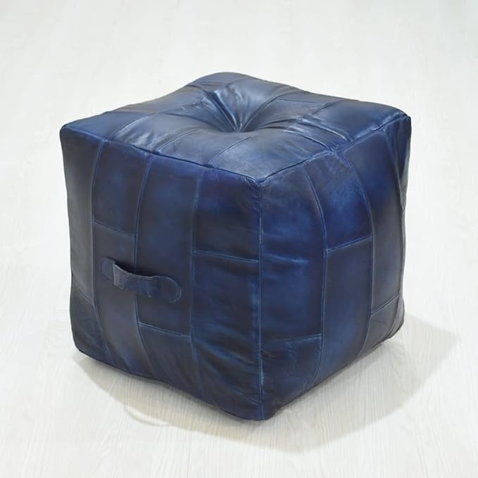 Square Shaped Buffalo Leather Handmade Eco-Friendly Vintage Blue Pouf-Square Pouf, 14"x14"x14", Geometric Pouf, Buffalo Leather Pouf, Recycled Foam with Fibre Fill Stuffed Pouf, Leather Pouf PF25