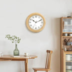 Wooden Analog Wall Clock, 11 inches Round Wall Clocks Battery Operated Silent Non-Ticking, Large Roman Numerals, Traditional Design for Kitchen Living Room Classroom Gym, Natural Grain