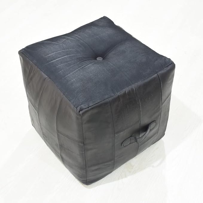 Square Shaped Buffalo Leather Handmade Eco-Friendly Black Pouf - Square Pouf, 14"x14" x14", Geometric Pouf, Buffalo Leather Pouf, Recycled Foam with Fibre Fill Stuffed Pouf, Leather Pouf PF25