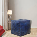 Square Shaped Buffalo Leather Handmade Eco-Friendly Vintage Blue Pouf-Square Pouf, 14"x14"x14", Geometric Pouf, Buffalo Leather Pouf, Recycled Foam with Fibre Fill Stuffed Pouf, Leather Pouf PF25
