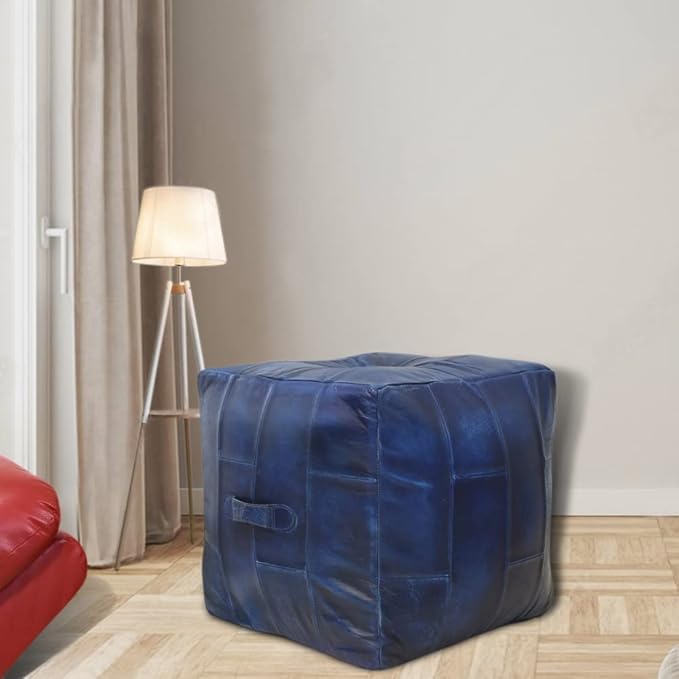 Square Shaped Buffalo Leather Handmade Eco-Friendly Vintage Blue Pouf-Square Pouf, 14"x14"x14", Geometric Pouf, Buffalo Leather Pouf, Recycled Foam with Fibre Fill Stuffed Pouf, Leather Pouf PF25