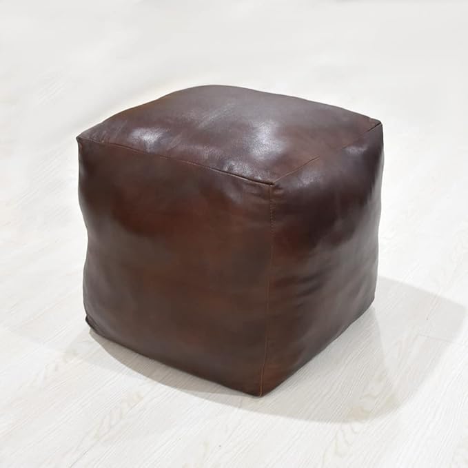 Square Shaped Goat Leather Handmade Eco-Friendly Brown Pouf - 18" x 18" x 18", Plain Solid, Recycled Cotton Filled Stuffed Seating PF12