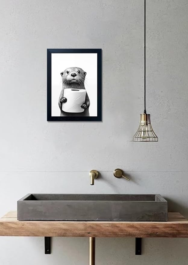 Bathroom Picture Wall Decor, Framed Black and White Bathroom Wall Art, Toilet Paper in Little Funny Raccoon's Hand Animal Canvas Print Painting