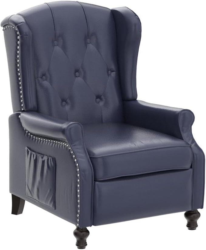 Wingback Recliner Chair with Massage and Heat - Tufted PU Leather Push Back Arm Chair for Living Room - Vintage Recliner Chair with Remote Control, Padded Cushion, Backrest, Wooden Legs