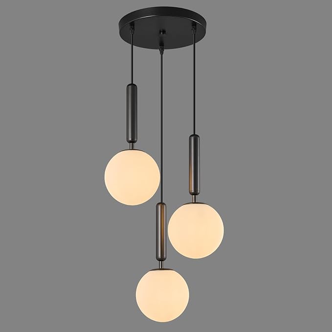 Modern Black Pendant Light Hanging Fixture Light for Kitchen Island Mid Century with Globe Pendant Light Milk White Glass Pendant Lighting for Living Room Bedroom Entryway (3 Lights)