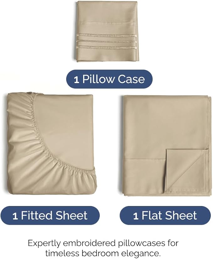 Twin XL Size 3 Piece Sheet Set - Comfy Breathable & Cooling Bed Sheets Set - Hotel Luxury Bedding for Women, Men, Kids, Teens, Boys & Girls - Deep Pockets, Ultra-Soft, Wrinkle Free - Oeko-Tex - Beige