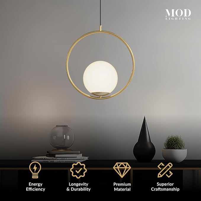 𝗠𝗢𝗗 𝗟𝗜𝗚𝗛𝗧𝗜𝗡𝗚 Jewels & Pearls | Modern Gold Pendant Light Fixtures, Hanging Globe Pendant Lights for Kitchen Island Lighting, Dimmable LED Bulb Included, 1 Pack (Gold | Warm White | Circle)