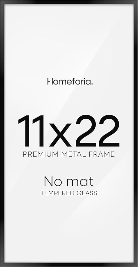 Homeforia 11x22 Black Newspaper Frame, High End Metal 11 x 22 Picture Frame without Mat, 22x11 Thin Black Poster Frames for Wall, 11by22 inches Display Photo Frames, Tempered Glass, Wall Kit, Set of 1