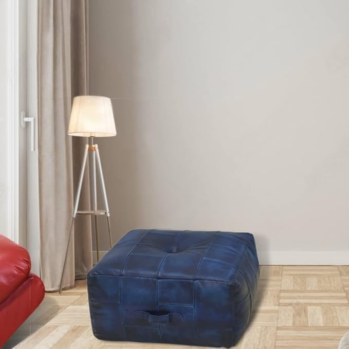Square Shaped Buffalo Leather Handmade Eco-Friendly Vintage Blue Pouf-Square Pouf, 21"x21"x12", Geometric Pouf, Buffalo Leather Pouf, Recycled Foam with Fibre Fill Stuffed Pouf, Seating Pouf PF25