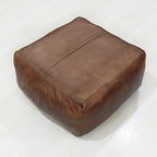Square Shaped Goat Leather Handmade Eco-Friendly Brown Pouf - 21" x 21" x 12", Plain Solid, Recycled Foam with Fibre Fill Stuffed, Seating Pouf PF12