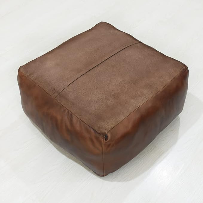 Square Shaped Goat Leather Handmade Eco-Friendly Brown Pouf - 21" x 21" x 12", Plain Solid, Recycled Foam with Fibre Fill Stuffed, Seating Pouf PF12