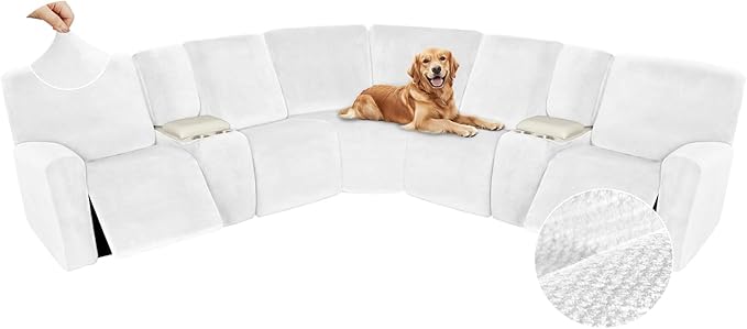 Arfntevss Sectional Recliner Couch Covers Velvet Washable Corner Sectional Sofa Cover for Reclining Couch Stretch Soft Thick L Shape Recliner Slipcover Set (5 Seat with 2 Console Cover, White)