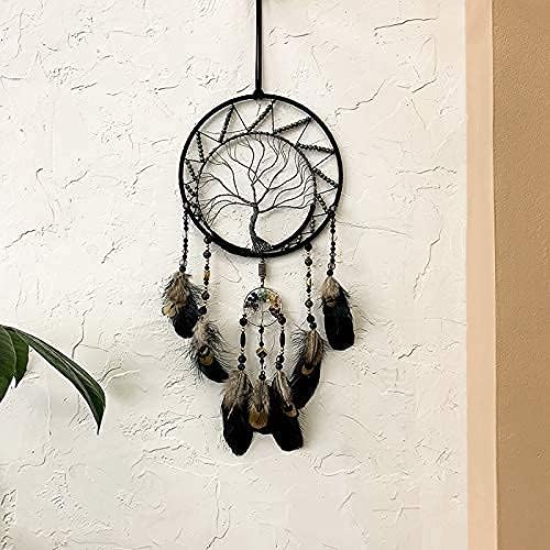 Pretty Jolly 7 Chakras Tree of Life Dream Catcher Wall Decor with Rainbow Healing Crystal Stone Handmade Black Feather DreamCatchers Wall Hanging Ornaments for Bedroom Home Decor Bless Gift Wedding