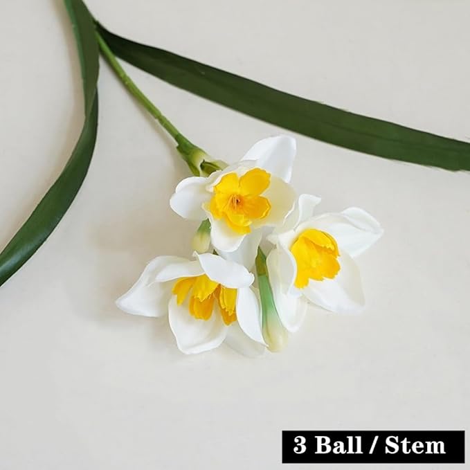 Artificial Flowers for Vases 17.7 Inch 10 Stems， Silk Dried Fake Mums Bouquet Indoor Faux Floral Arrangements for Decoration (White Narcissus)