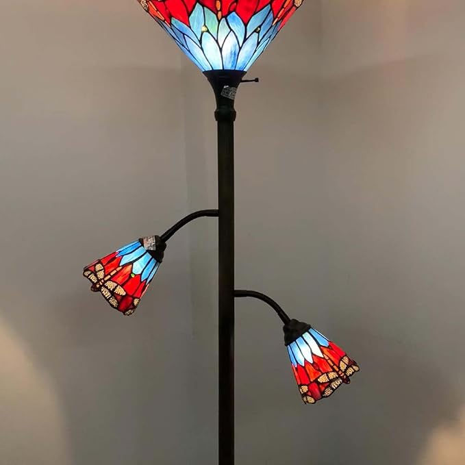 Bieye L10837 Dragonfly Tiffany Style Stained Glass Torchiere Floor Lamp with Sidelights for Reading, 70-inches Tall (Dragonfly, Red Blue)