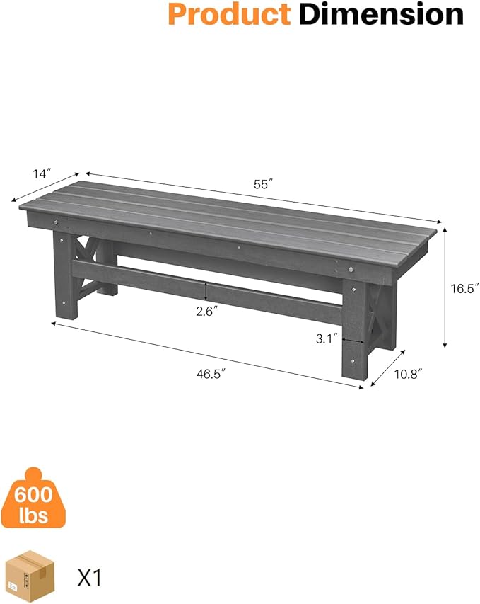HDPE Outdoor Bench, 55" Patio Bench Outdoor Furniture, Poly Lumber Adirondack Benches, Fade-Resistant HDPE Garden Backless Benches for Park, Poolside, Porch, Smoke Gray