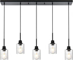Black Chandelier 5 Light Dining Room Lighting Fixtures Hanging Linear Pendant Lights Industrial Modern Chandelier with Seeded Glass for Kitchen Island Living Room Bedroom Foyer Hall Entryway
